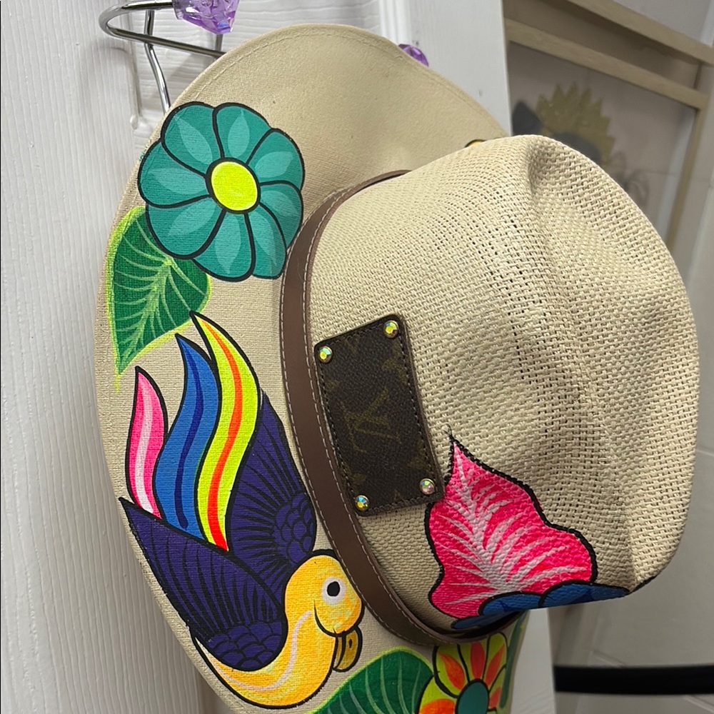 Colorful Women's Hat with Floral and Bird Design
